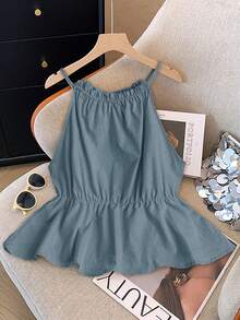 EMERY ROSE Camiseta de tirantes plisada de unicolor, versátil y elegante para salidas nocturnas, talla grande para mujer - Neblina azul - Ver 1