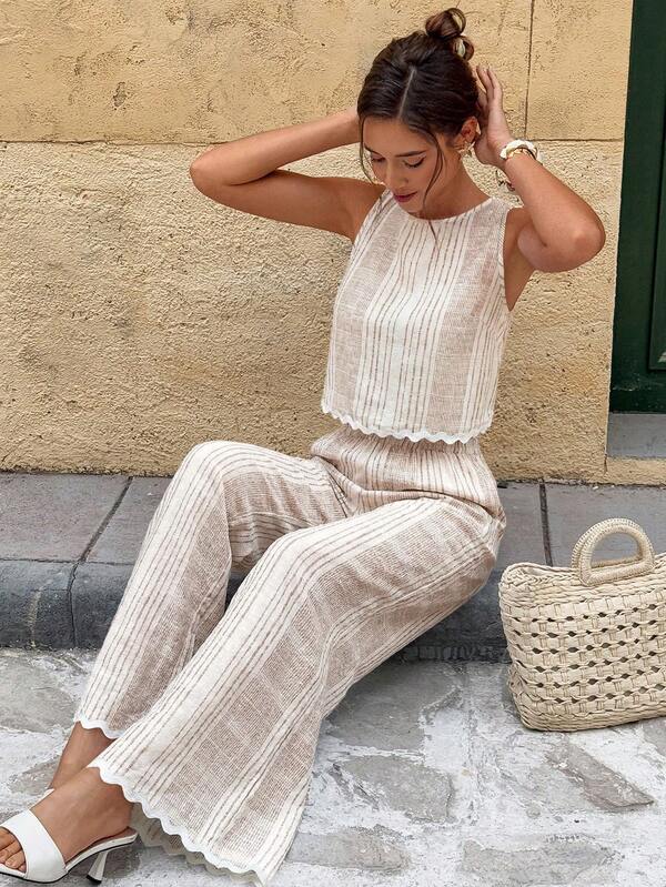 Serisse Women's Striped Crew Neck Sleeveless Top And Pants 2 Pieces Set, Vacation