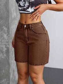 SHEIN Tall Y2K 中腰休闲水洗牛仔短裤（女款） - 咖啡棕 - 查看 5