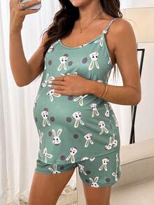 Slowluna Bộ đồ bầu 2 món gồm áo hai dây in hình hoạt hình và quần short cạp chun điều chỉnh được, thích hợp mặc hàng ngày. - màu xanh lá - Xem 7