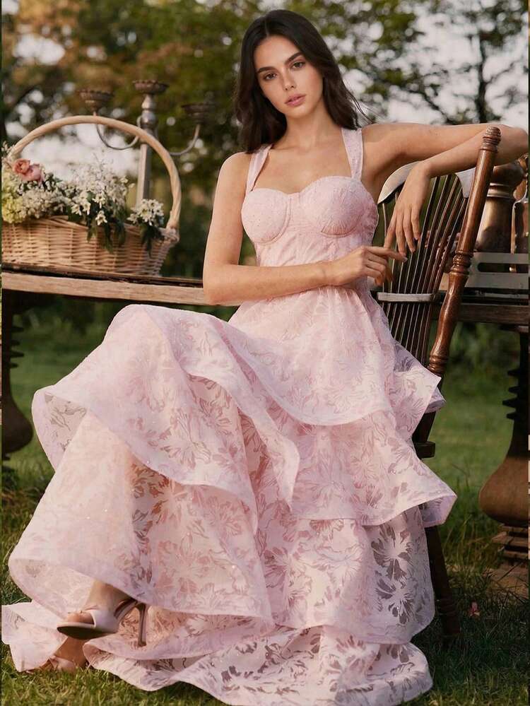 Anewsta Vestido largo elegante de fiesta con cintura fruncida y estampado floral para mujer - Rosa Pálido - Añade 7