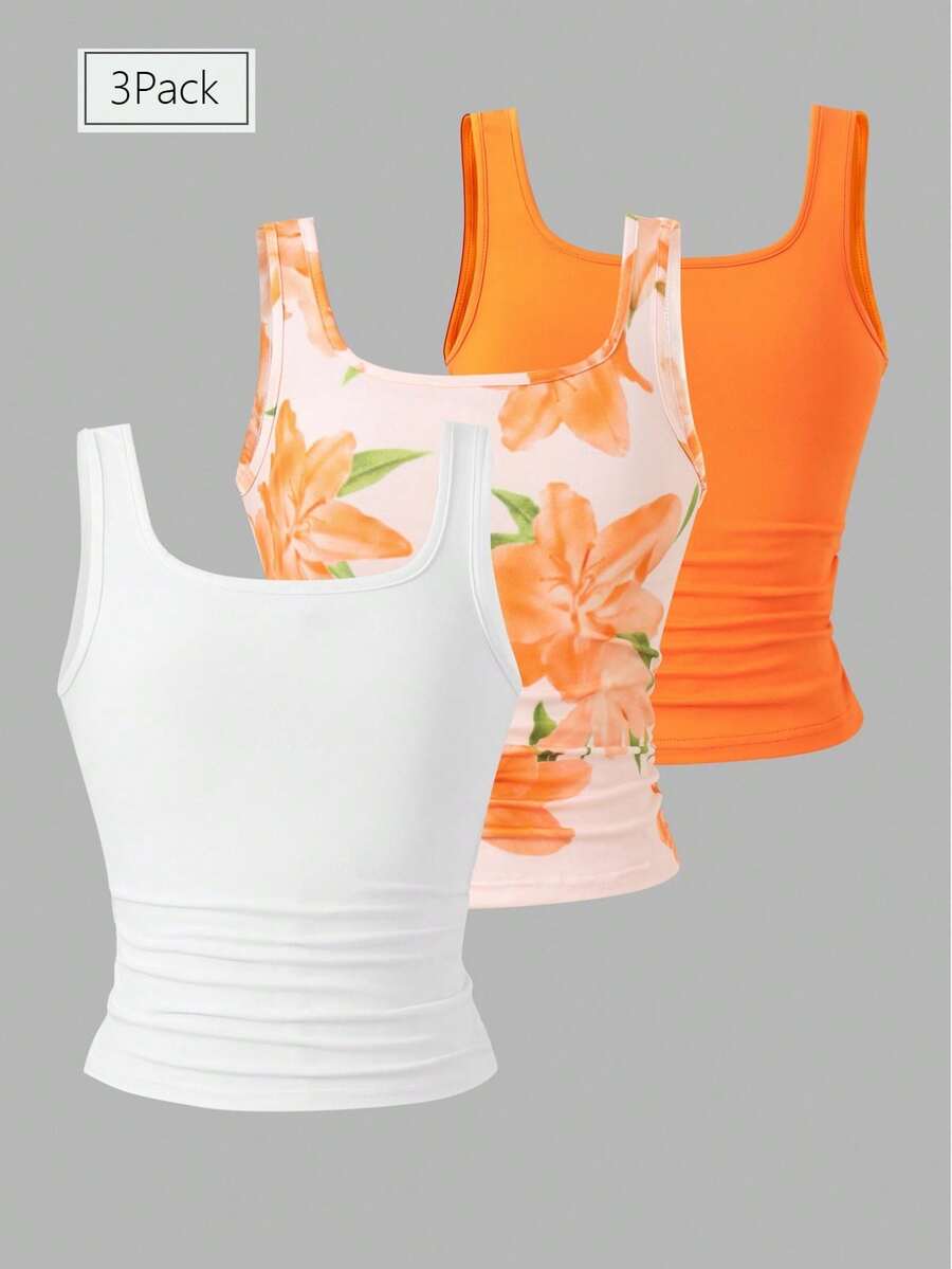 Girls' White Camisole 3 Pieces Set, Soft Fabric, Minimalist & Fashionable Style, Suitable For Wearing Outwardly Or As Layering, Versatile For Daily Outings To Showcase Girls' Sweet Elegant - Multicolor - View 1