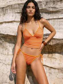 Maija Women's Striped Criss-Cross Strap Casual Swimsuit Set,Vacation Outfits Women,Summer Holiday Outfits ,Beach Vacation Outfits For Women Orange Striped Bikini Top Orange Striped Bikini Bottom Orange Bikini With Stripes Bikini Orange Orange Swimsuit Women's Swimwear Women Swim Suit Set Capri Beach Outfit For Women Beach Vacation Outfits For Women - Orange - View 3