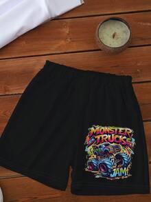 一套幼儿男童休闲酷炫卡通怪兽卡车扎染渐变印花短袖T恤和短裤套装，适合日常外出、街头、运动、休闲穿着、夏季服装 - 彩色 - 查看 6