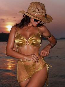 Swim SXY 2026 纯色蛇皮箔印连体网状泳衣，带系带巴西式比基尼泳裤套装 - 金色 - 查看 4