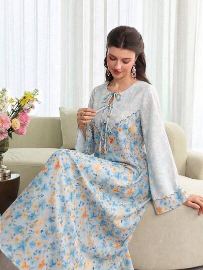 Yasmyna Lace-Up Collar Cinched Waist Floral Print Loose Arabic Style Dress