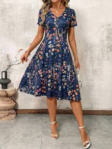 SHEIN Clasi Đầm nữ cổ chữ V cài cúc, chấm bi đỏ, thắt eo, thích hợp cho mùa xuân, ngày Valentine. - Nhiều màu - Xem 5