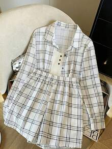 Resyla Bộ đồ nữ thường ngày gồm áo sơ mi và quần short kẻ caro cài cúc phía trước, thích hợp cho mùa hè. - Đen và trắng - Xem 3