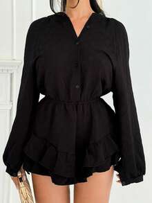 Shopreo Women's Vacation Casual Solid Color Lantern Sleeve Jumpsuit - Black - View 5