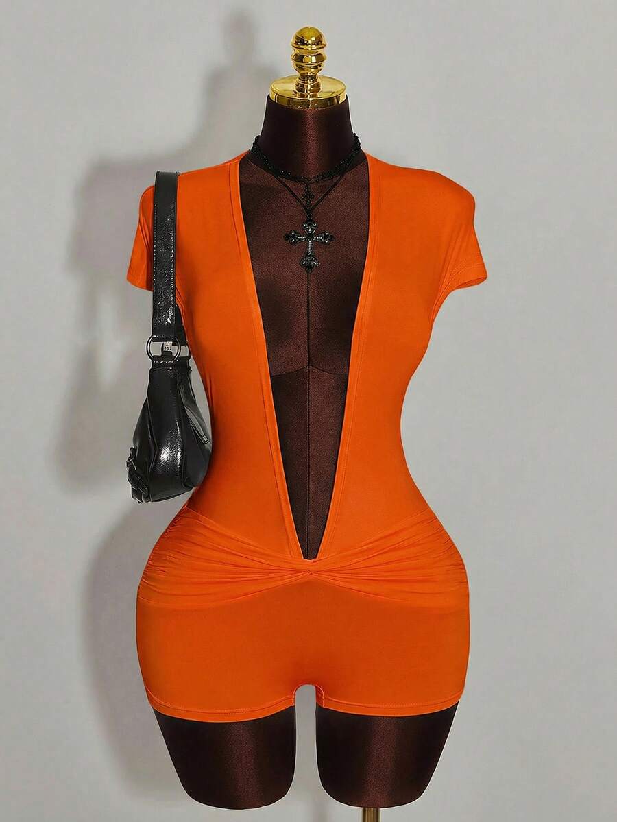 Amplova Deep Draped Neck Twist Front Jumpsuit With Ruched Sleeves - Orange - View 1