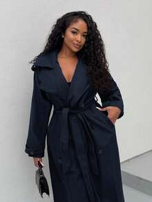 Alexandranx Áo khoác trench coat dài màu cà phê, chống gió, ấm áp, cạp chun, cài hai hàng khuy, phong cách Anh đa năng cho mùa thu/đông - Màu xanh hải quân - Xem 4