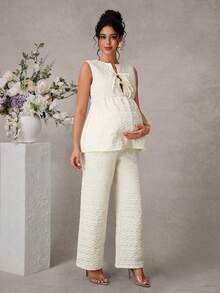 SHEIN 织锦三叶草提花优雅舒适孕妇系带上衣和直筒裤两件套 - 彩色 - 查看 3