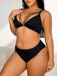 NudeFit 2pcs Plus Size Women Solid Color Metal Front Closure Fashion Lingerie Set - Black - View 6