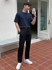 DAZY 男士蓝色纹理短袖T恤，夏季款 - 藏蓝色 - 查看 5