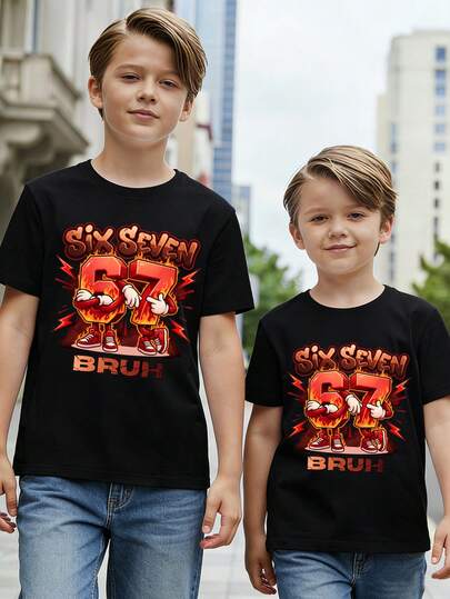 Toddler Boys' Casual Creative Graphic Tee, Refreshing Minimalist Cute Number 67 Cartoon Flame Pattern Letter Slogan Print, Comfortable Daily Wear, Suitable For Spring, Summer And Autumn