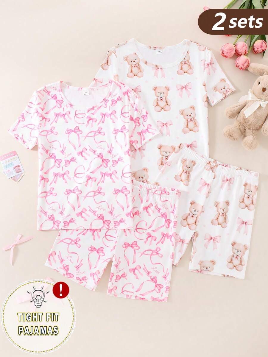 4-Piece Tween Girls Cute Teddy Bear Print Pajamas Set,Pink And White Summer Sleep Loungewear,Short Sleeve Shorts Snug Fit Soft Knit Sleepwear - Multicolor - View 1