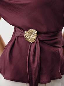 Aalyst Women's Solid Color Asymmetric Shoulder Exposed Shoulder Asymmetrical Neckline Short Sleeve Waist Metal Buckle Decor Tie Blouse, Elegant French Retro Formal Office Commute Casual Holiday Afternoon Tea Street Style Minimalist Versatile, Spring/Summer New Arrival Women's Tops And Blouses Women's Short Sleeve Tops Blouse With Garterized Waist For Women Women's Tops - Maroon - View 4