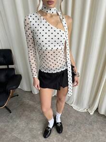 SHEIN BAE 波点印花不对称领口透视性感长袖上衣 - 白色 - 查看 3