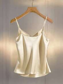 SHEIN Áo vest không tay cổ chữ V xếp ly thanh lịch màu mơ dành cho nữ, có cúc trang trí, thích hợp cho mùa xuân/hè. - Màu be - Xem 2