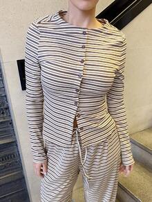 Marta Soriano 2 件套女士休闲条纹前扣长袖上衣和阔腿裤套装，秋季 - 彩色 - 查看 3