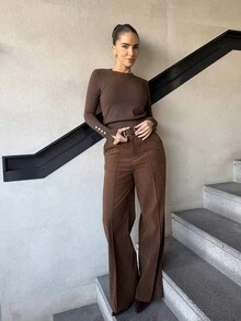 Marta Soriano 百搭圆领休闲百搭长袖针织汗衫 - 咖啡棕 - 查看 4