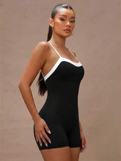 Lumalex Black And White Color-Blocked Stylish Women's Athletic Jumpsuit Shorts, Featuring Thin Straps And A Backless Design. Suitable For Fitness, Pilates, Yoga, Running, And Everyday Wear, Perfect For Spring, Summer, Autumn, And Winter.