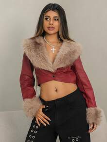 Rayane Ketlyn Women's Colorblock Burgundy PU Crop Jacket With Fuzzy Detail, V Neck, And Regular Long Sleeves Crop Top Jacket Leather Crop Top Red Leather Jacket Fur Top - Burgundy - View 4