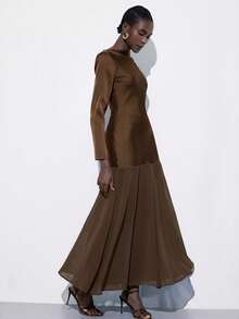 Aveloria Modichic 湖蓝色缎面雪纺拼接长袖连衣裙，简约鱼尾腰设计，优雅百搭，适合女性穿着。 - 咖啡棕 - 查看 4