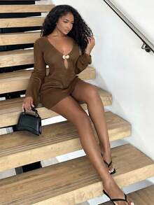Alexandranx METAL DETAIL DEEP V NECK COVER UP DRESS FOR SUMMER BEACH VACATION - Brown - View 5