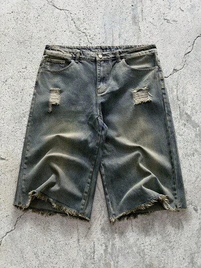 EVRINFINITE 男士夏季休闲破洞磨边牛仔短裤