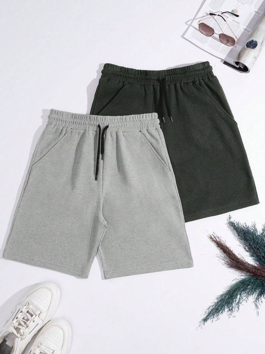 RueChic Men's Basic Waffle Knit Drawstring Summer Shorts, 2pcs - Multicolor - View 1