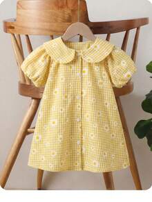 女婴可爱黄色彼得潘领蝴蝶结短袖连衣裙，夏季 - 黃色 - 查看 7