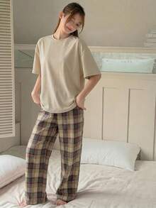 Dazy Kids 青少年女孩純色圓領上衣與格紋長褲休閒居家服套裝 夏季 - 杏色 - 查看 3