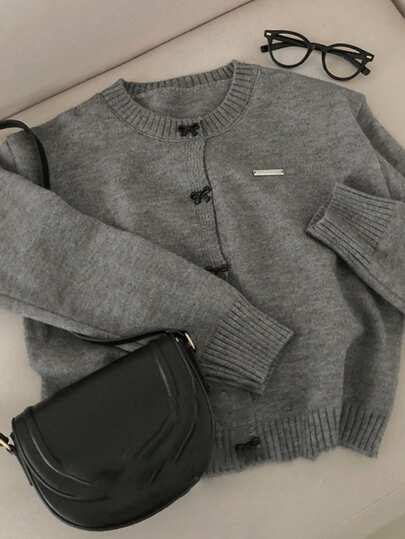 DAZY 女士蝴蝶结纽扣圆领宽松开衫，秋季女装