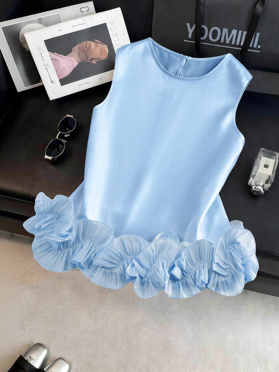 SHEIN Franclia 女士优雅缎面双层荷叶边无袖背心,适合春夏外出和约会 - 藍色 - 查看 1