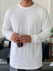 DAZY Plus Size Men's Solid White Long Sleeve T-Shirt, Spring - White - View 5