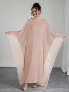SHEIN Raffinéa Đầm nữ thanh lịch màu trơn cổ đứng tay loe dáng rộng - Hồng - Xem 3