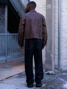 BelSigned BelSigned PAVTROS Manfinity Streetrush 男士街头风流行 INS 同款男士长袖夹克，男士休闲短款棕色拉链夹克，秋季，皮夹克，街头服饰，冬季夹克，圣诞节，男友礼物，摩卡色飞行员夹克，复古夹克，男士棕色夹克，短款拉链男士夹克 - 棕色 - 查看 2