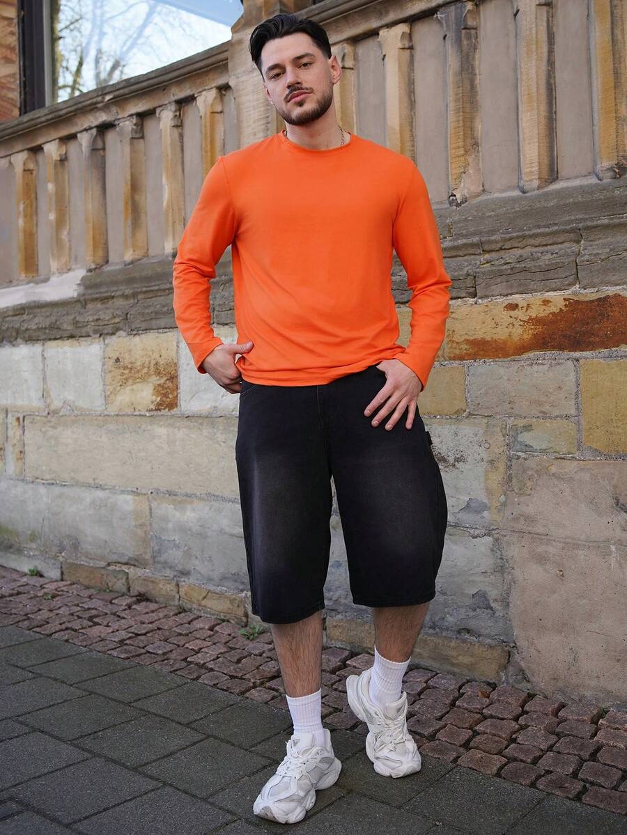 LEOGASHI LEOGASHI Men's Solid Color Long Sleeve T-Shirt, Casual Simple Fashion For Everyday Wear, For Fall - Burnt Orange - View 1