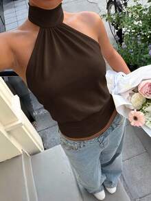 Muchica 巧克力棕色针织高领女式上衣 - 巧克力棕 - 查看 8