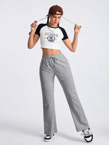 Exploreva Quần thể thao nữ màu trơn, có dây rút ở eo và túi, kiểu dáng thường ngày, thích hợp cho hoạt động ngoài trời. - Màu xám đen - Xem 3