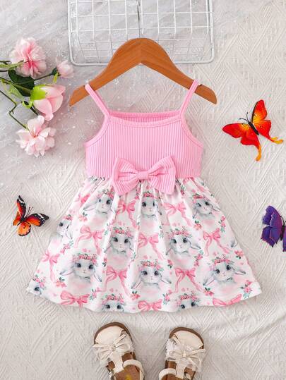 女婴兔子图案腰部蝴蝶结装饰吊带连衣裙