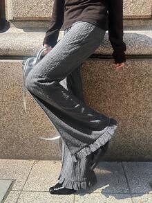 FRIFUL Women's Solid Color Elastic Waist Casual Loose Flare Leg Pants Summer - Grey - View 3