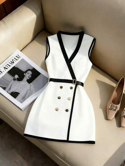 Franclia Vestido corto de mujer con cuello en V, ribete de contraste, envolvente y cintura ceñida