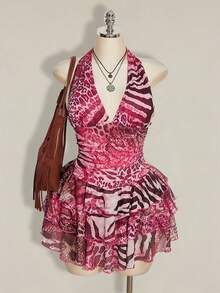 SHEIN ICON Plus Size Women's Sexy Beach Vacation Leopard & Zebra Print Patchwork Backless Tie-Front Ruffle Hem Waist Cinched Dress - Hot Pink - View 1