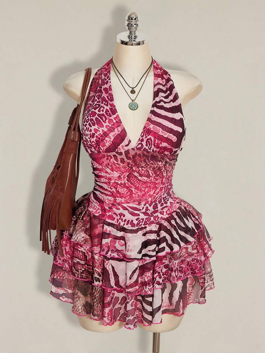 SHEIN ICON Plus Size Women's Sexy Beach Vacation Leopard & Zebra Print Patchwork Backless Tie-Front Ruffle Hem Waist Cinched Dress - Hot Pink - View 1