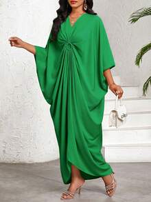 SHEIN Lady Women's Casual Elegant Modest Loose Batwing Sleeve Dress, Green, Suitable For Holiday Vacation Wear, Bohemian Style/Bohemian Clothing Party Autumn - Green - View 4