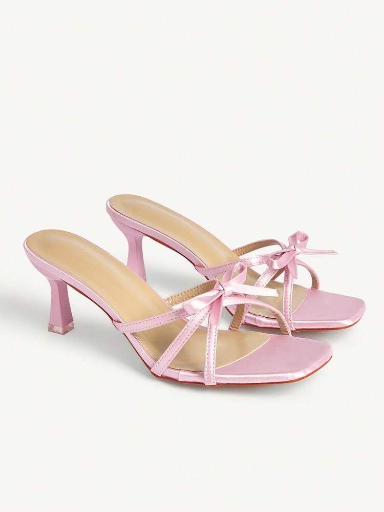CUCCOO CHICEST Pink Satin Bow High Heel Square Toe Thin Strap Thin Heel Outer Wear Temperament Banquet Sandals