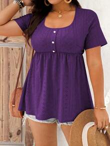 EMERY ROSE Camiseta casual de mujer de talla grande con cuello cuadrado y manga corta - Morado - Ver 5