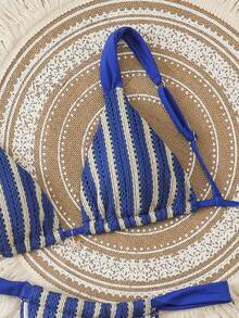 SHEIN Swim Vcay 两件式泳衣，特殊纹理金属金色海星装饰，加宽肩带三角胸罩上衣和比基尼泳裤，性感女士泳装套装，春夏款 - 藍色 - 查看 5